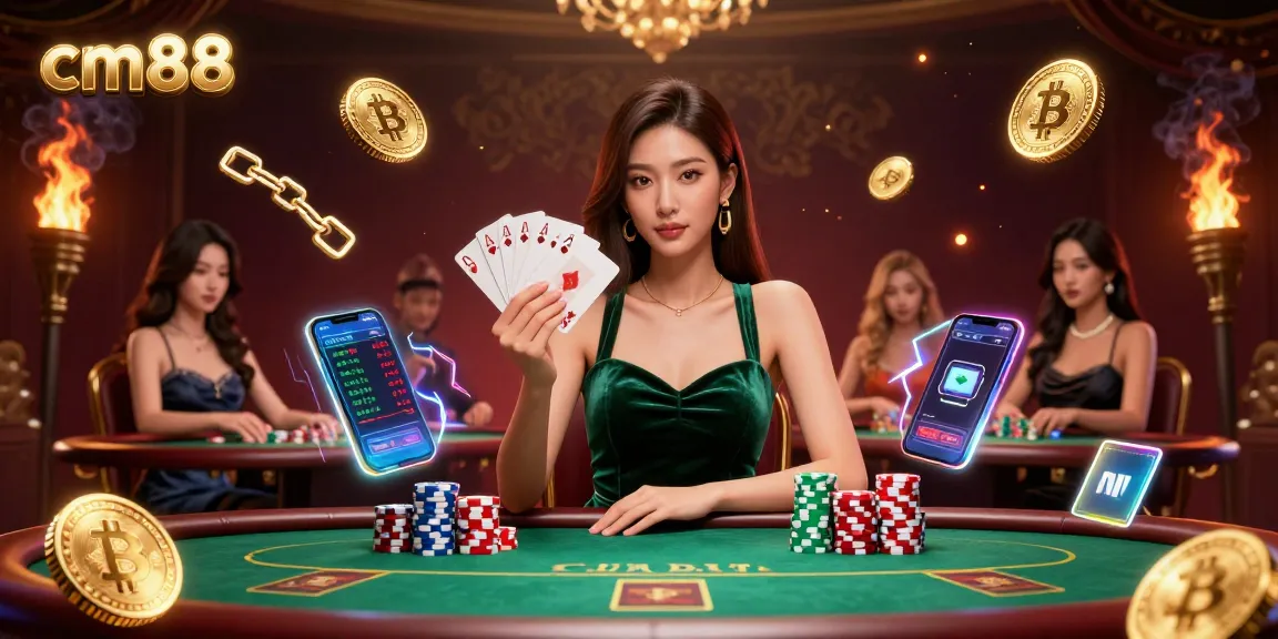 Engage in thrilling card games at CM88 with a stunning poker scene featuring strategic highlights.