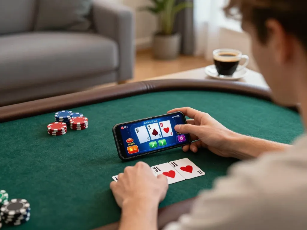 Player strategizing in an online poker game at 33win, engaging with colorful graphics in a cozy home