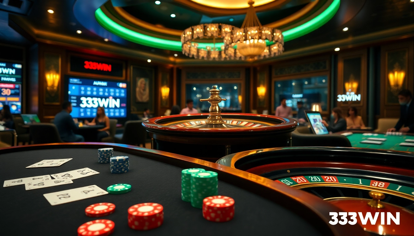 Exciting casino environment highlighting 33WIN logo on digital betting interface amidst poker chips and cards.