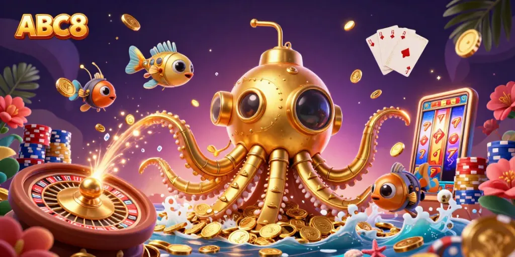 Experience thrilling gameplay with ABC8's vibrant casino illustration, featuring a golden kraken and abundant treasures.