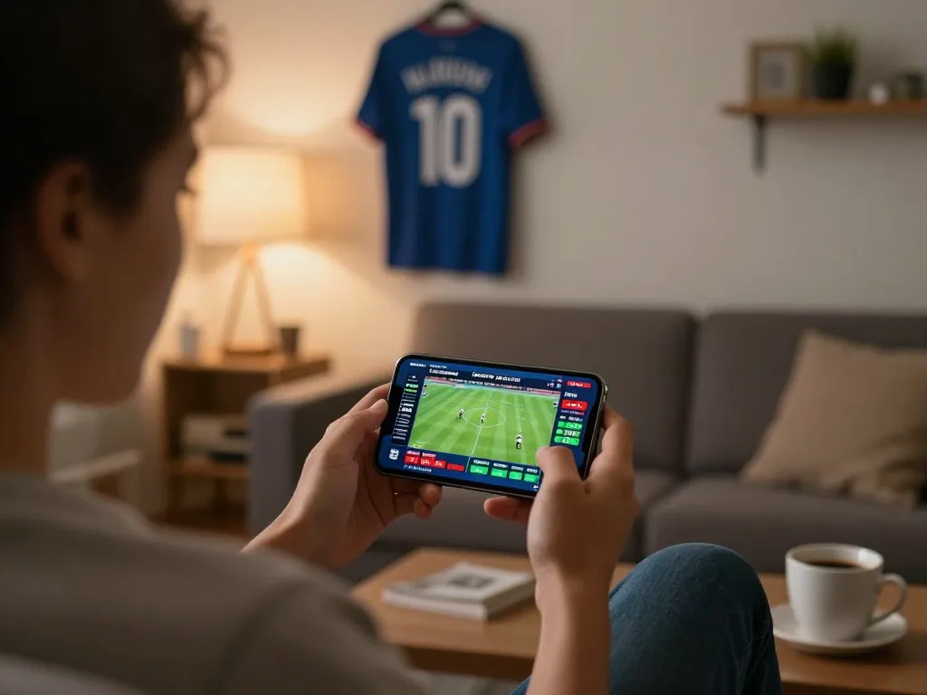 CakhiaTV user placing live sports bets on phone in cozy home setting