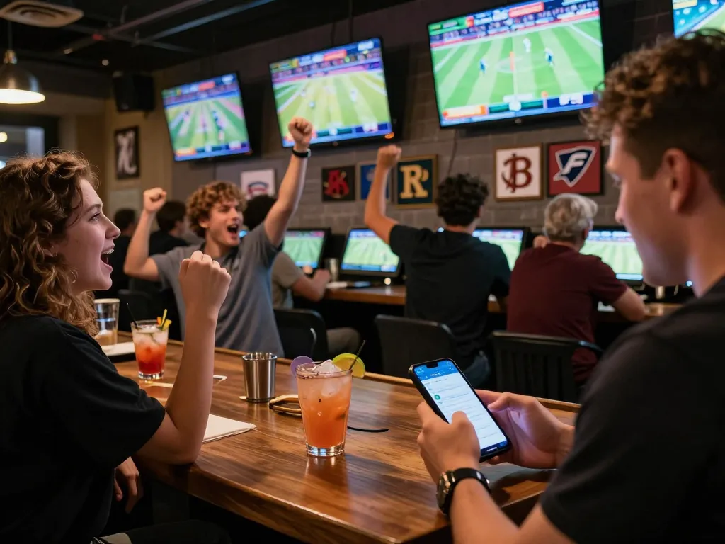 Fans cheering while placing bets on TG88 sports betting app in a lively sports bar setting