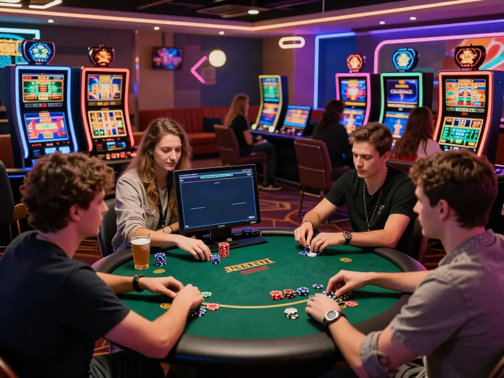 Exciting casino not on Gamstop scene featuring friends playing online games.