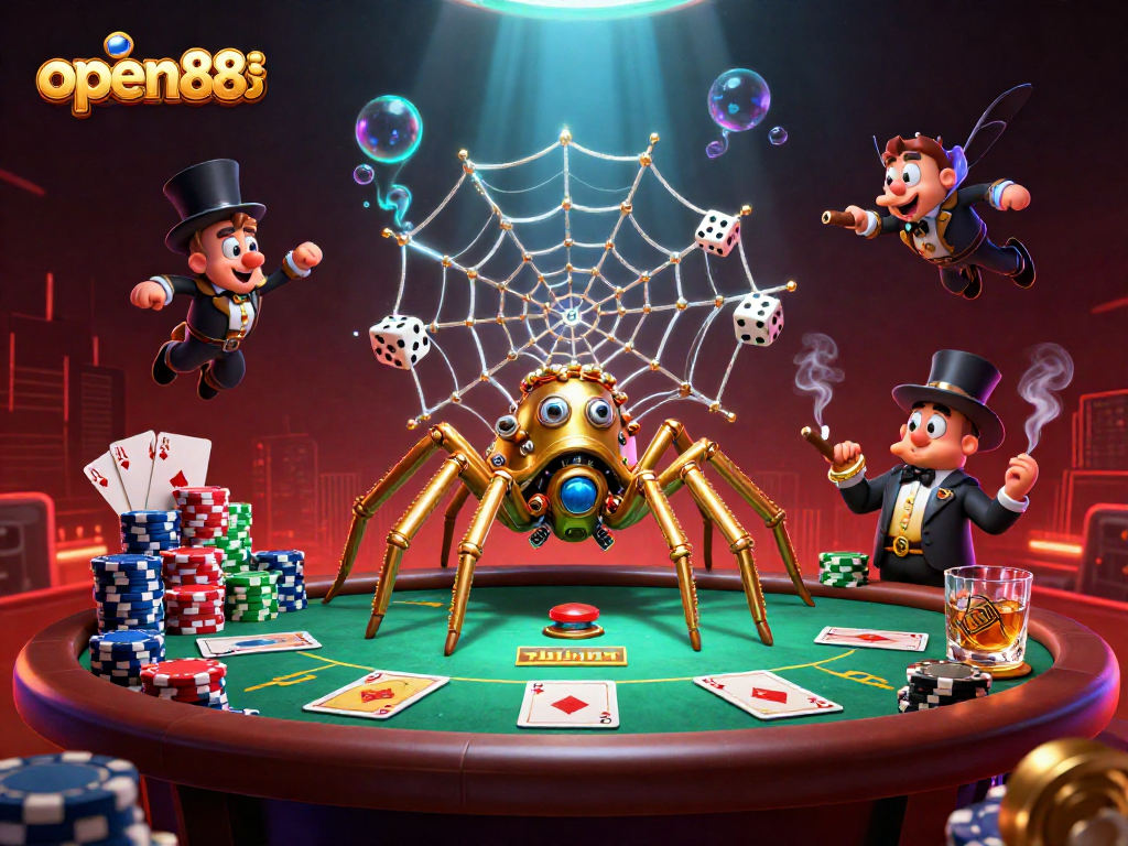 Experience the thrilling world of open888 with steampunk visuals, poker elements, and whimsical characters.
