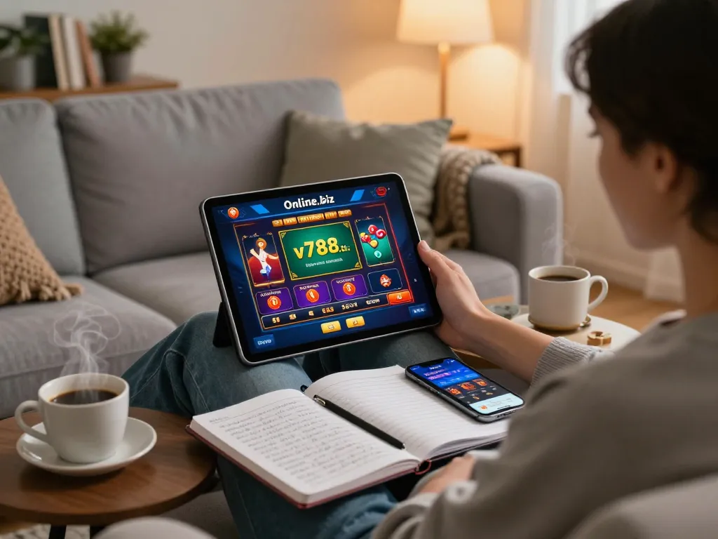 Person engaged in online gaming at home using a tablet for https://v788.biz/ casino entertainment.