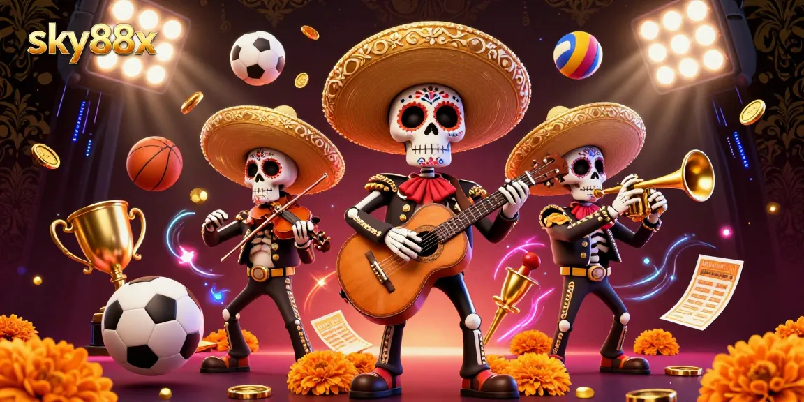 Witness sky88x's vibrant mariachi band amidst dynamic sports action in this colorful 3D casino illustration.