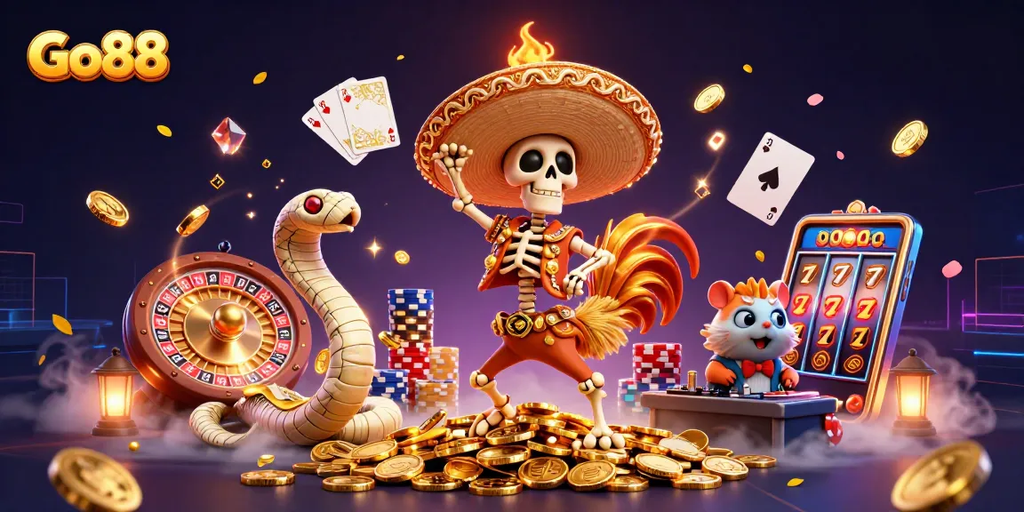 Engage with Go88 as a mariachi rooster celebrates amidst vibrant casino elements and golden coins