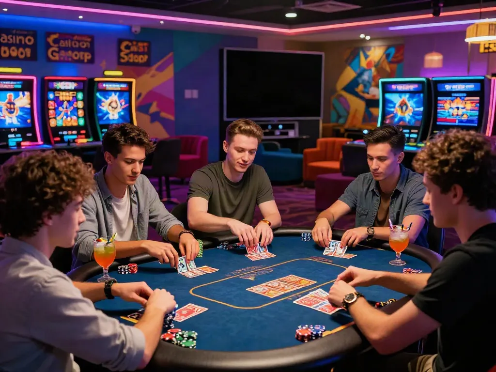 Friends enjoying a card game at an online casino not on GamStop, colorful lighting and drinks creating an exciting atmosphere.