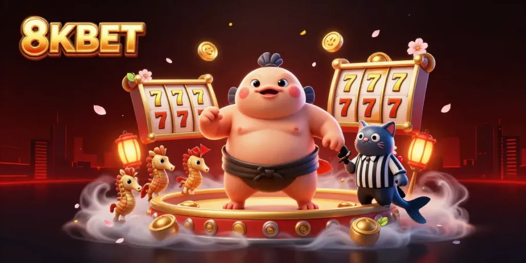 Trải nghiệm không gian trò chơi 8KBET với cá nóc sumo và không khí lễ hội dưới nước.