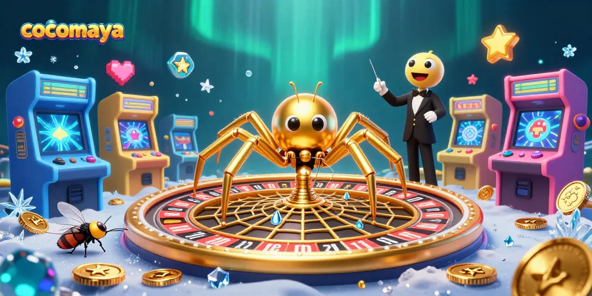 Cocomaya features a 3D spider spinning a roulette wheel while a fly bets, set in a vibrant casino scene.