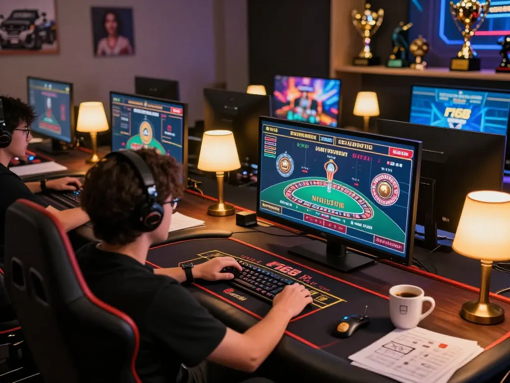 Engaged player focusing on F168 casino games on multiple screens in a stylish home setup.
