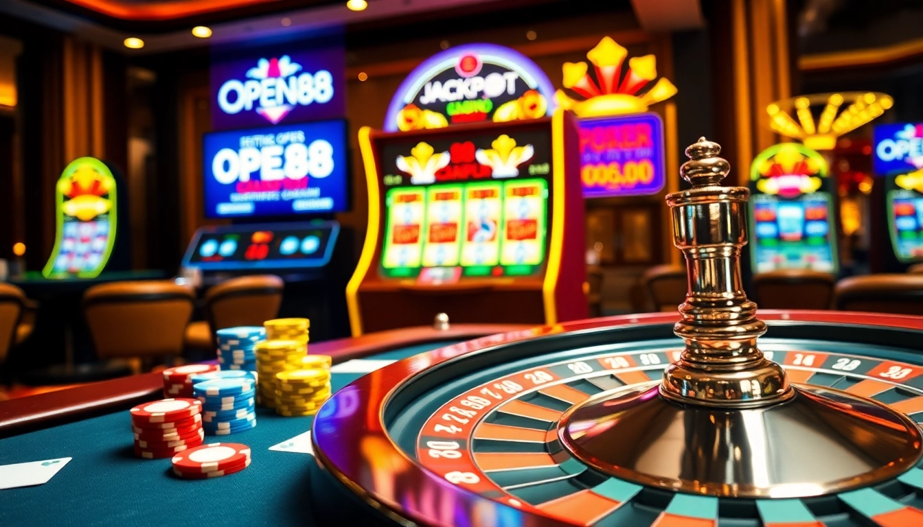 OPEN88 casino environment with vibrant poker chips and a spinning roulette wheel.