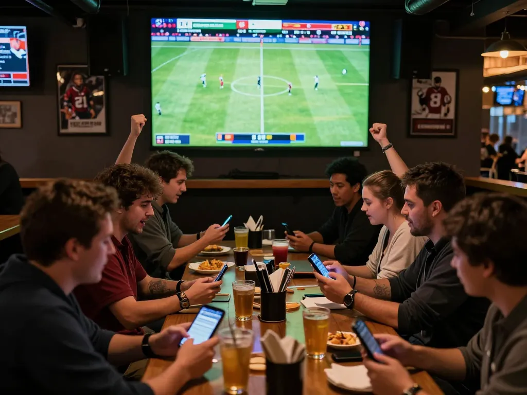 Fans engaged in sports betting, using mobile apps to place bets on football matches, focused on ty le keo