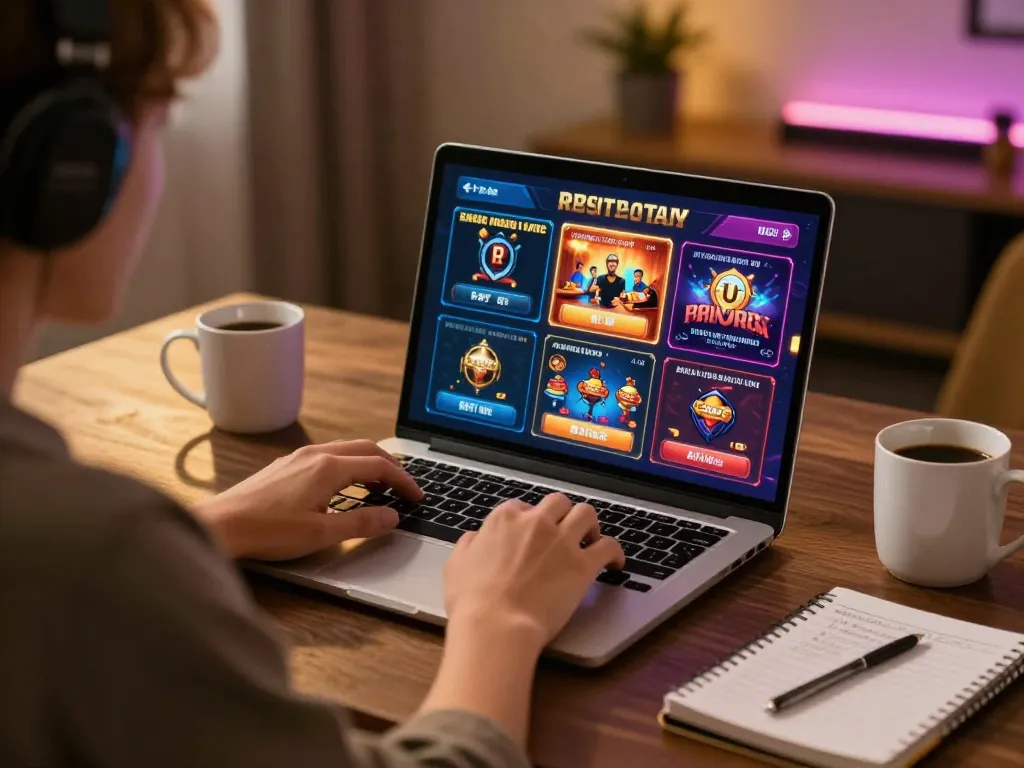 Engaging online gambling scene at https://mm88.fun/ showing user playing on a laptop with casino games.