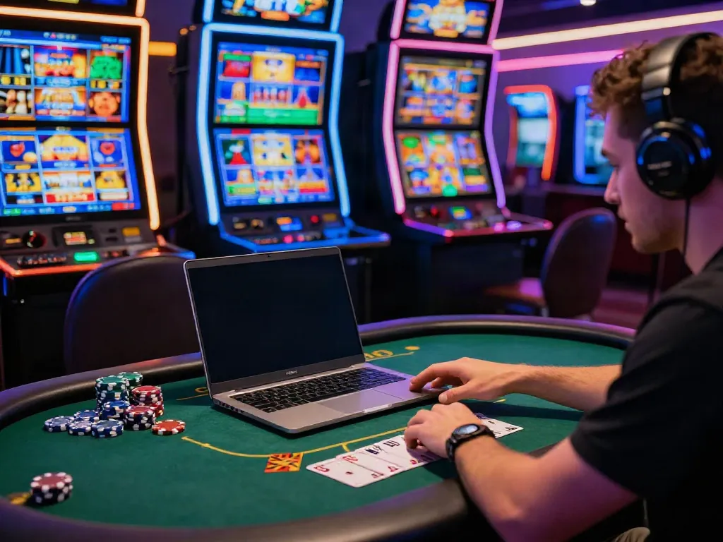 Player enjoying an online game at a casino not on Gamstop with vibrant gaming interface and colorful chips.