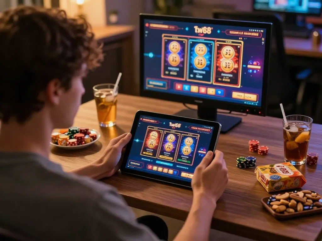 Engaging gameplay on the twin68 casino app with dynamic online gaming interface and cozy home setting.