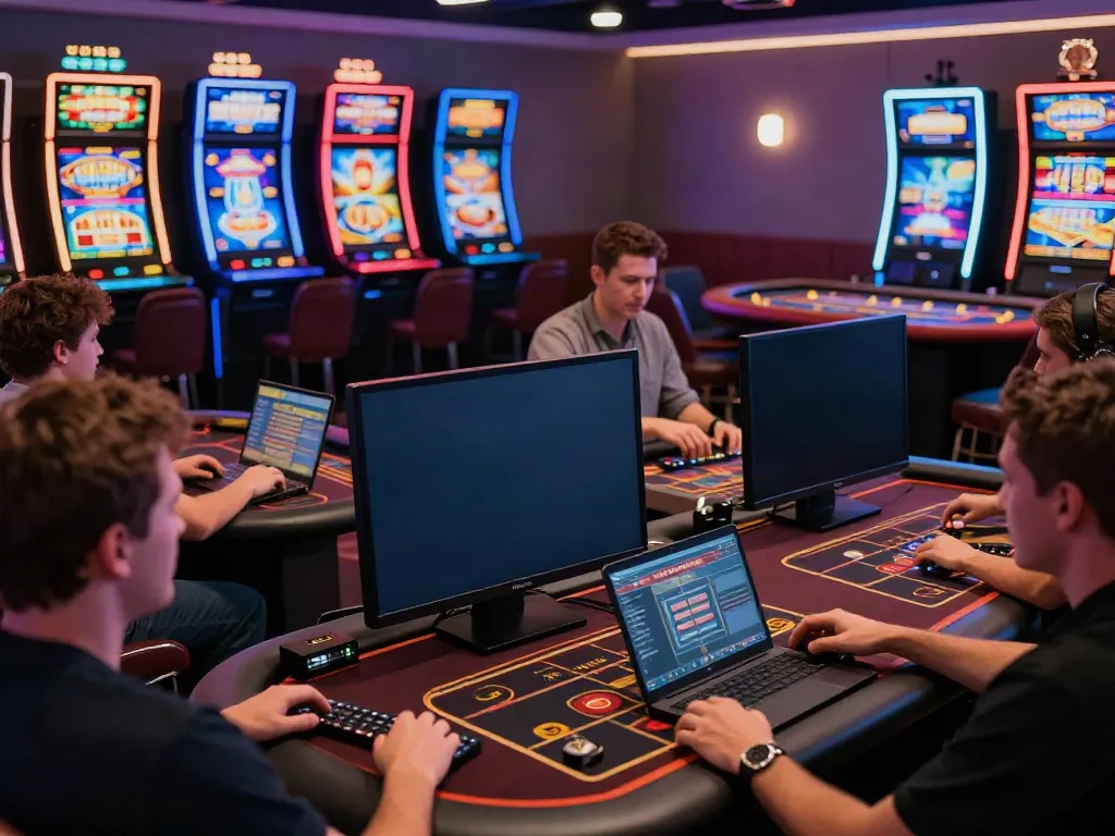 Exciting scene of individuals playing at a casino not on Gamstop, showcasing colorful games and diverse players.