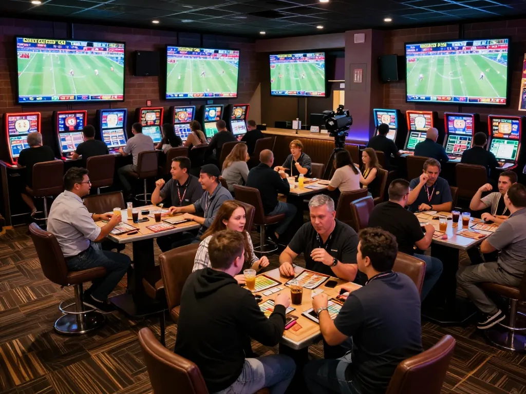 Patrons engaging in lively sports betting excitedly discussing odds and strategies at 7m sports lounge