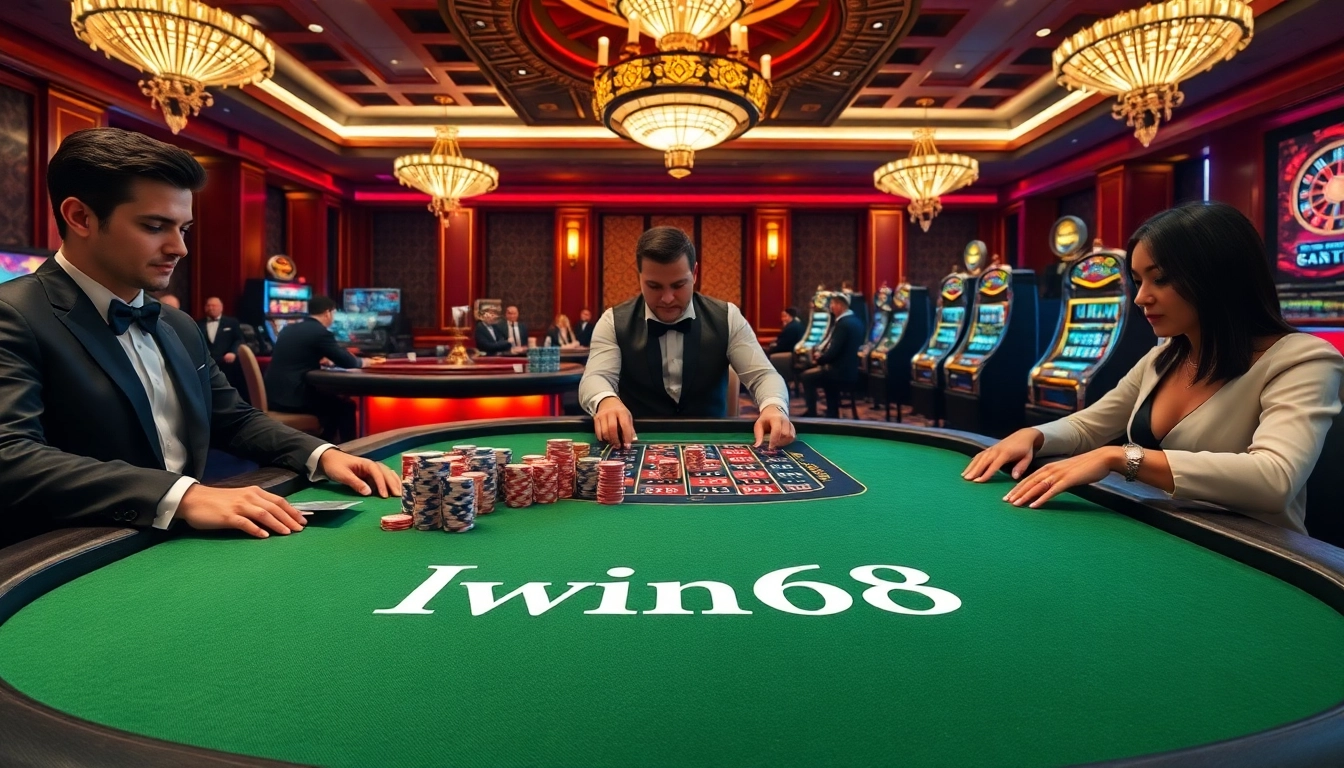 Iwin68 sports an upscale poker game with dealers and chips in a luxurious casino setting.