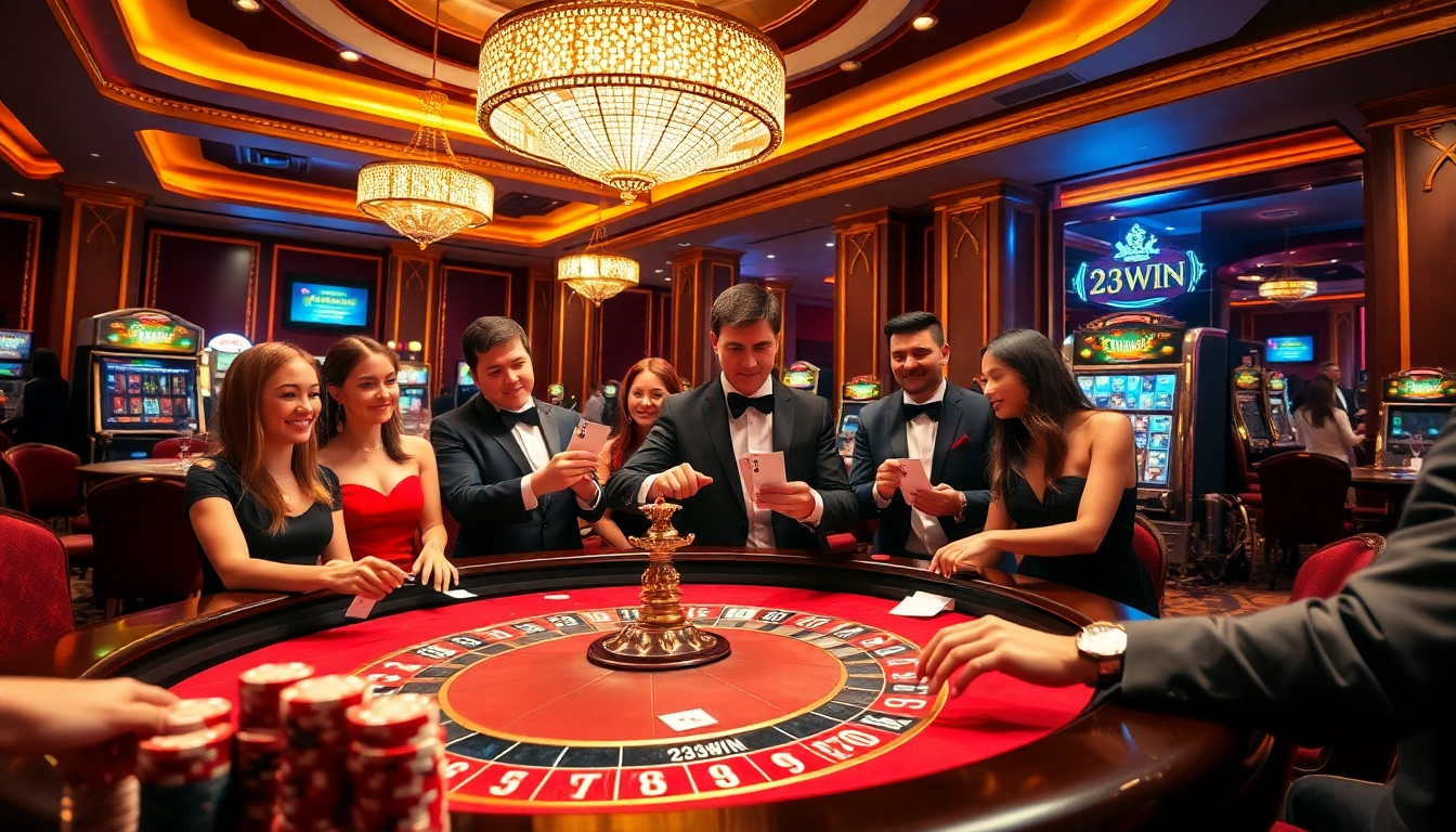 Engaged players at the thrilling 23win casino, surrounded by vibrant gaming elements.