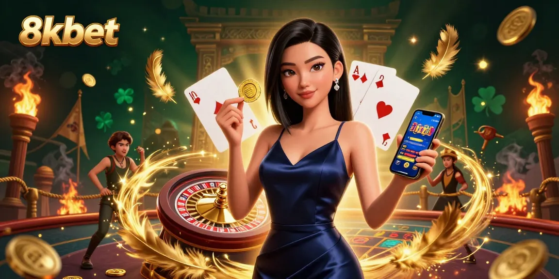 Experience thrilling gaming at 8xbet with a confident Asian woman showcasing casino fun.