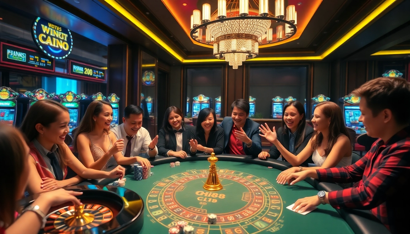 Players celebrating their wins at Hi88's vibrant baccarat table in a luxurious casino setting.