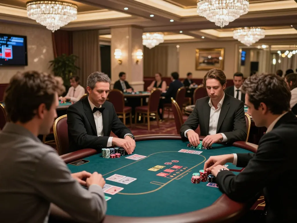 Players engaging in poker at a luxury LV88 VIP table surrounded by opulent decor and ambient lighting