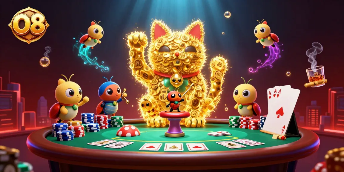 Experience O8's vibrant gaming world with a dynamic lucky cat scene, filled with poker elements.