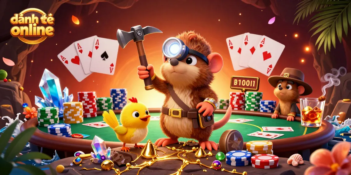 Engage in đánh đề online with vibrant characters and poker elements creating a lively gambling atmosphere.
