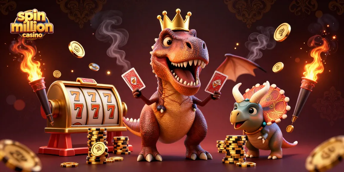 Win big at spin million casino with delightful dinosaurs shuffling cards and stacking chips!
