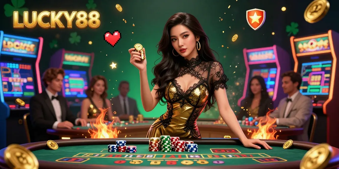Play LUCKY88 at a vibrant casino scene with dynamic game elements and high-stakes atmosphere.