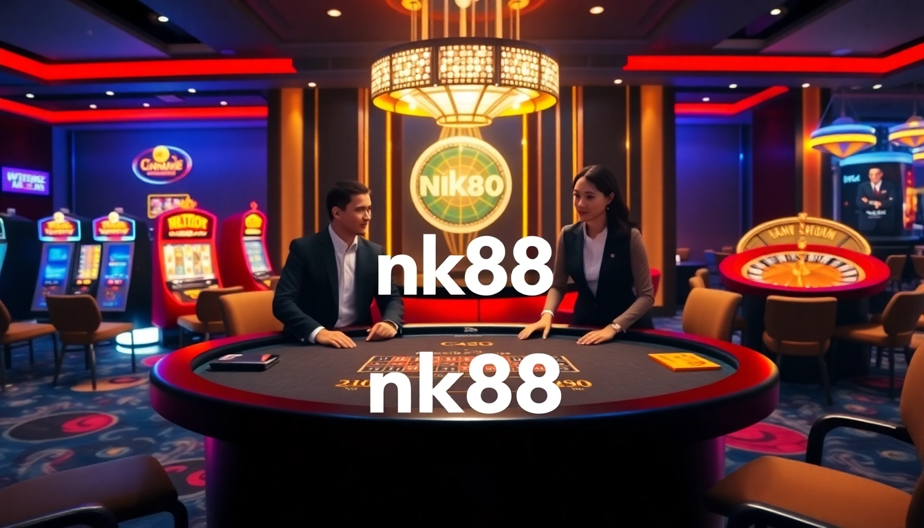 Experience the thrill of high-stakes play at nk88 casino with an elegant blackjack table and vibrant slot machines.