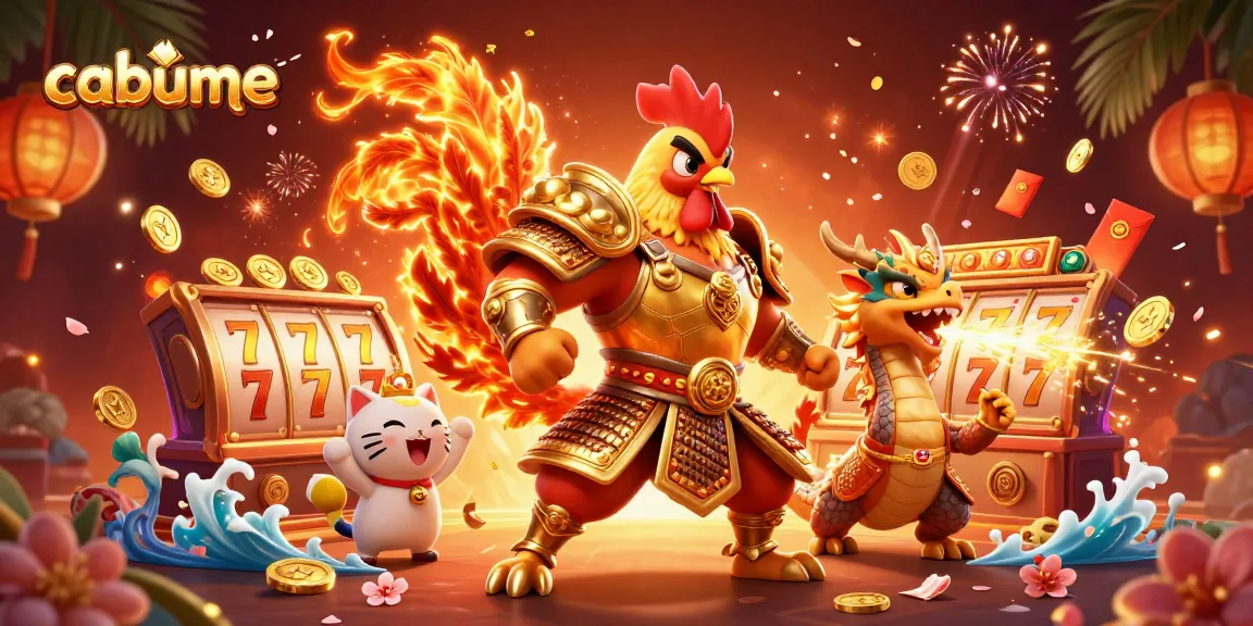 Engage in thrilling games at cabume with vibrant 3D casino elements featuring a warrior rooster and dragon.