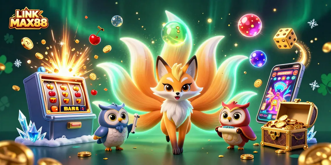 Engage with LINK MAX88's thrilling casino experience amidst vibrant gaming elements and colorful characters.