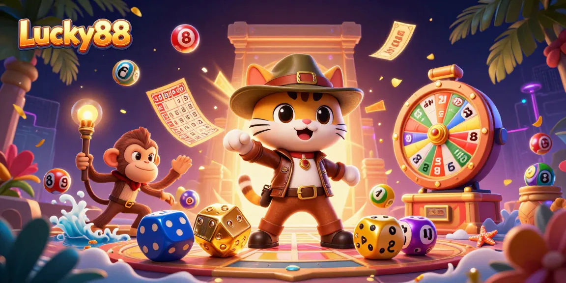 Experience the thrill of Lucky88 with vibrant bouncing lottery balls and a treasure-seeking cat