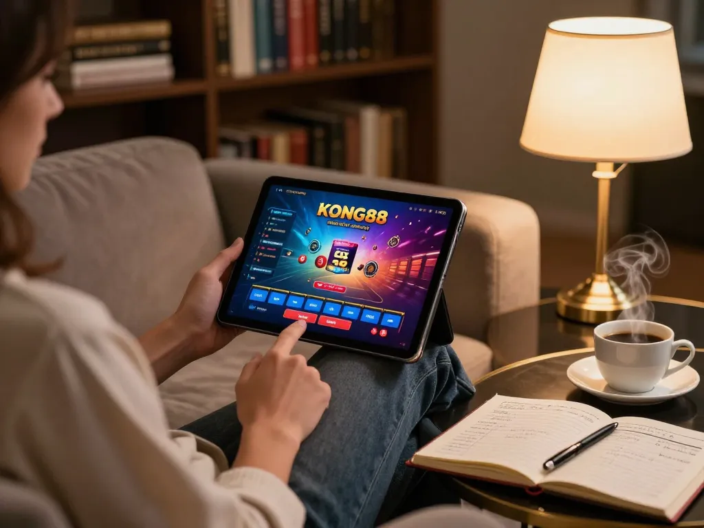 KONG88 player using a tablet for online casino strategy in a cozy home setting