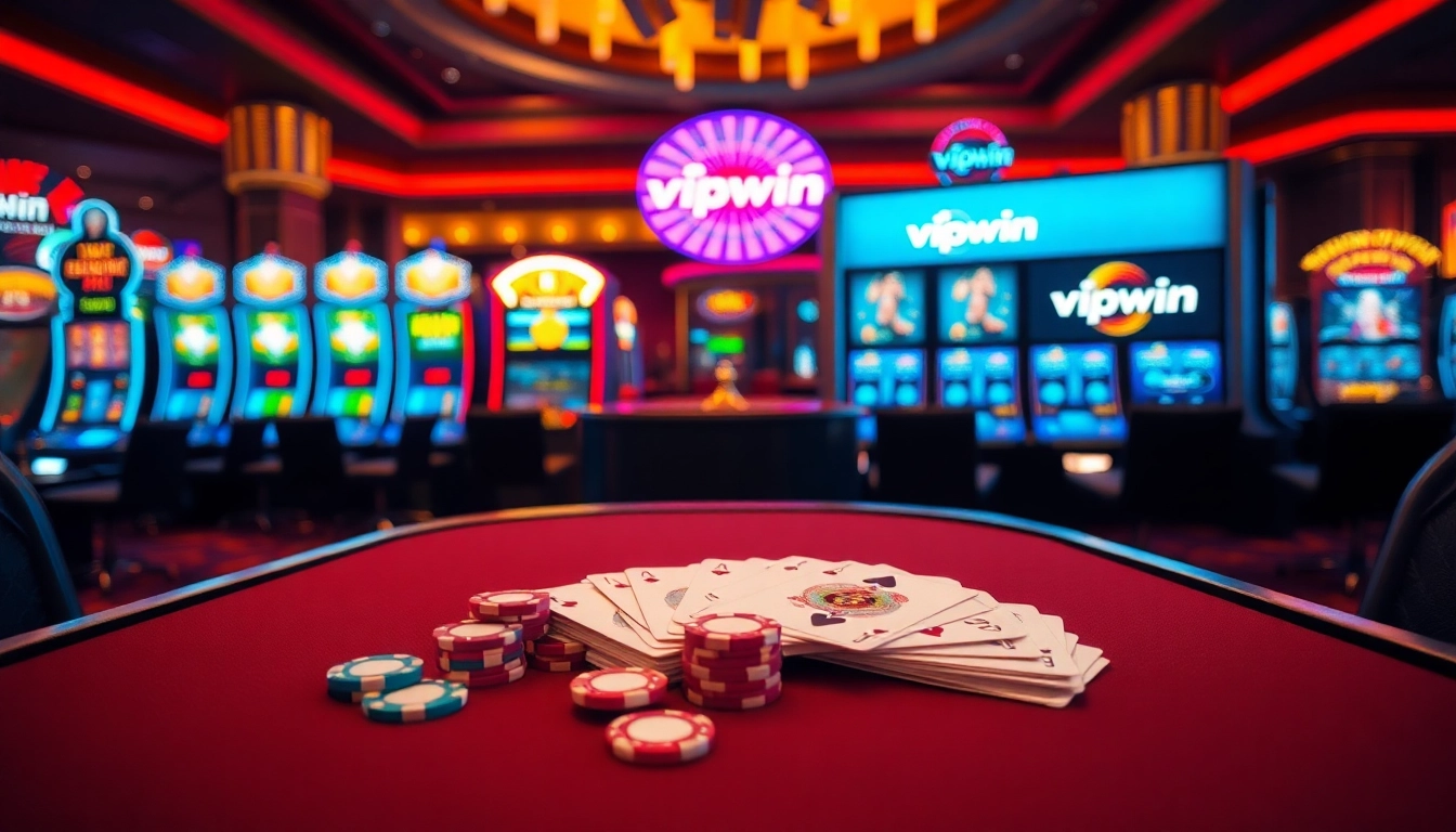 Engage with the thrilling atmosphere of vipwin at a luxurious casino table, showcasing poker chips and cards.