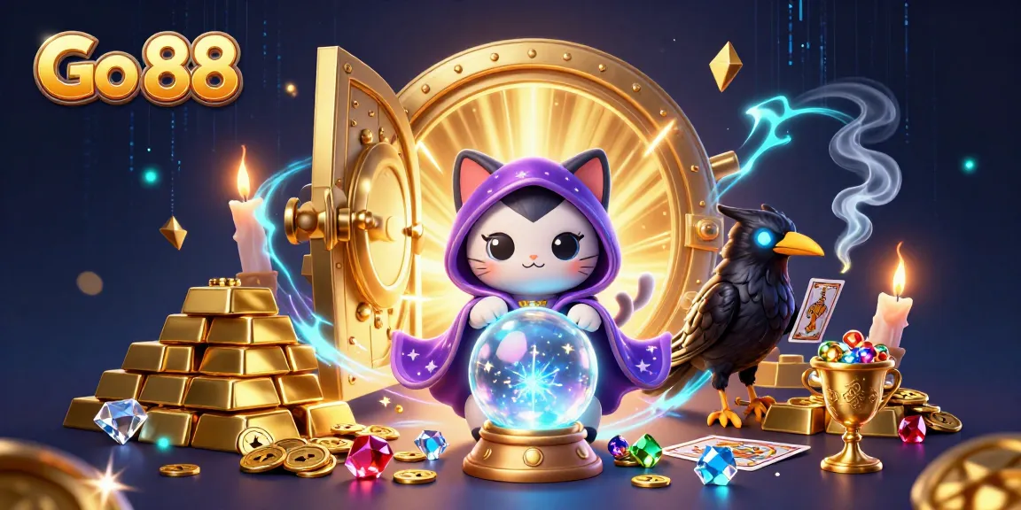 Engage in the excitement of Go 88 with a mystical illustration showcasing a fortune teller cat and tarot raven amidst dazzling casino treasures.