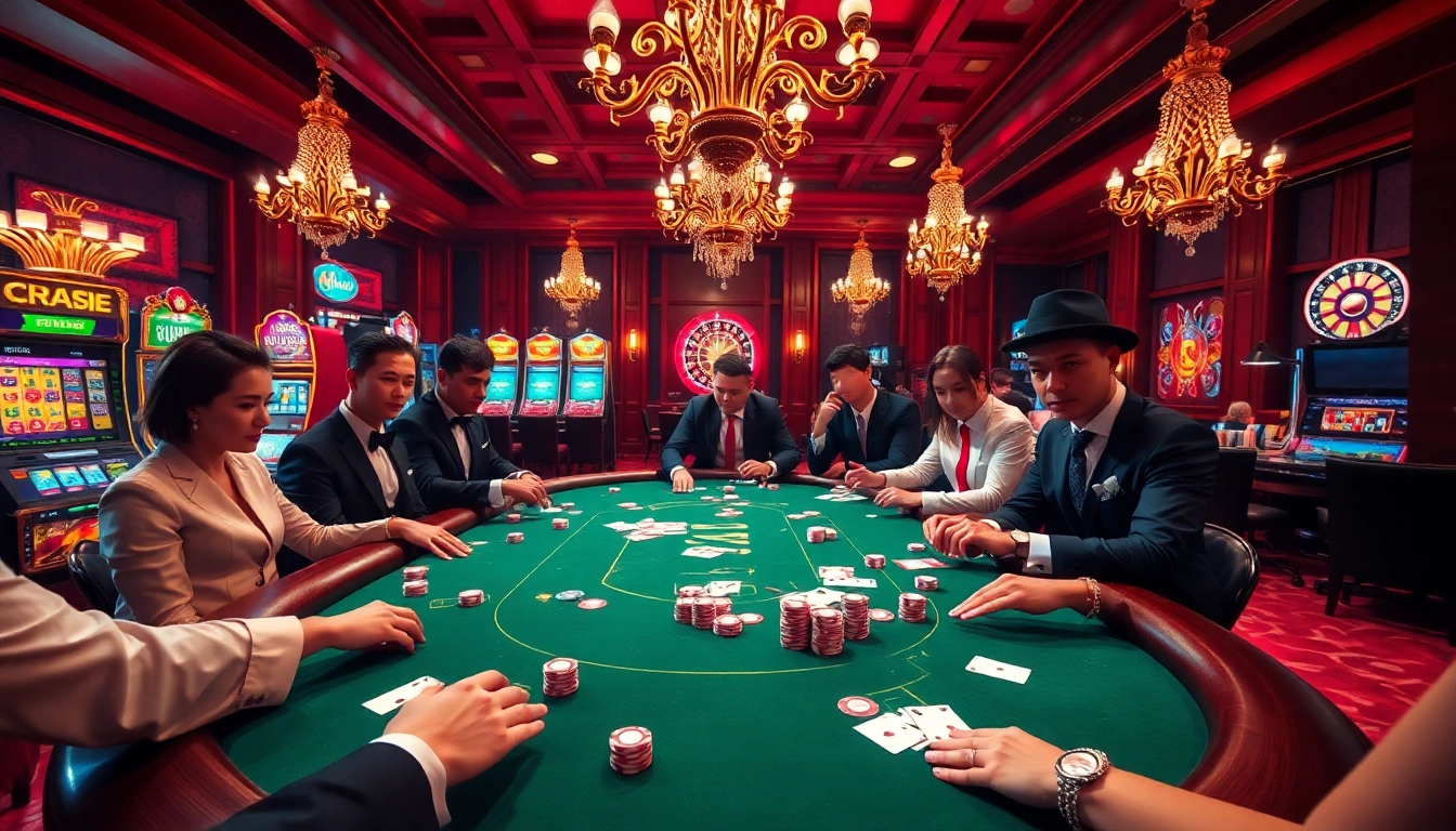 Action-packed poker game at Hay88, featuring colorful chips and excited players.