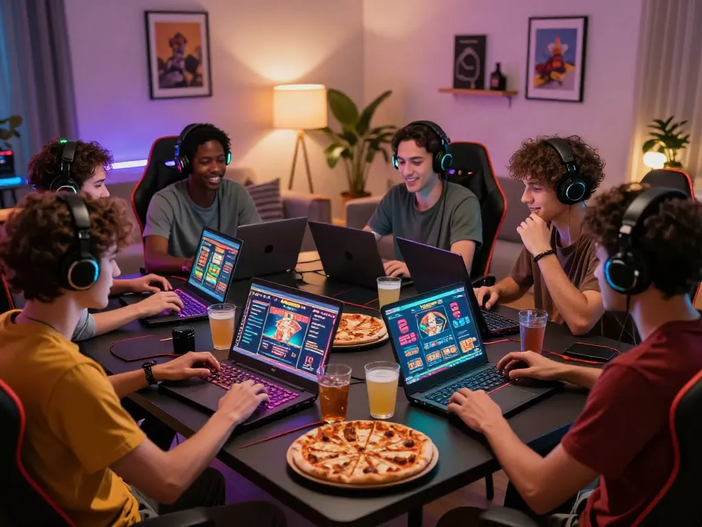 Friends enjoying casino games not on Gamstop in a vibrant living room.