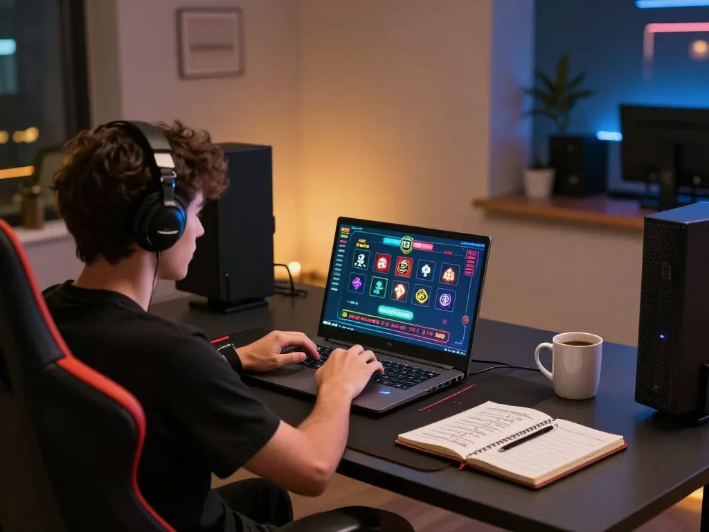 Engaged player enjoying lc88 online casino on a sleek laptop, showcasing modern gaming setup.