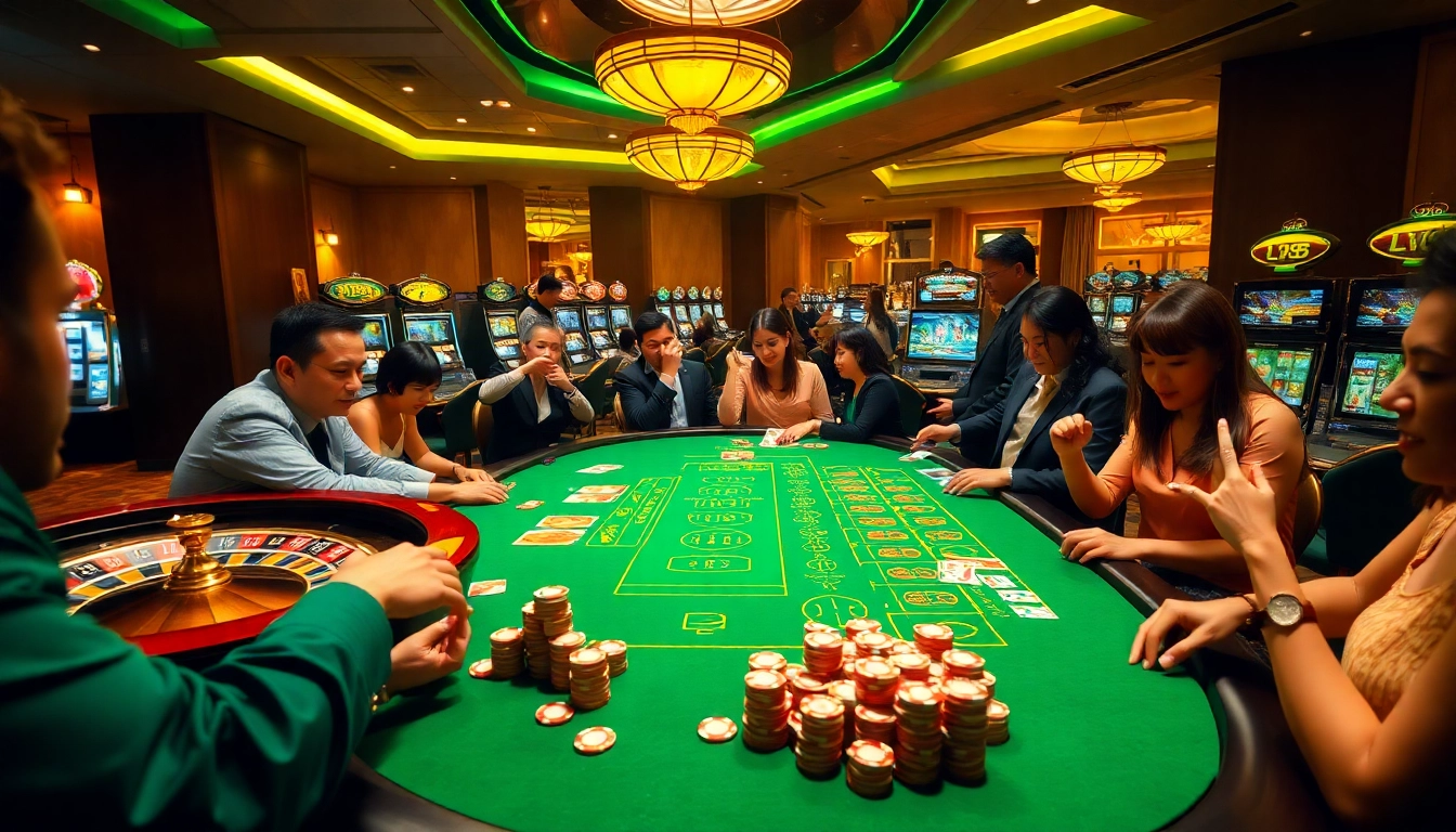 Players enjoying a thrilling game at the LV88 casino table under vibrant lighting.