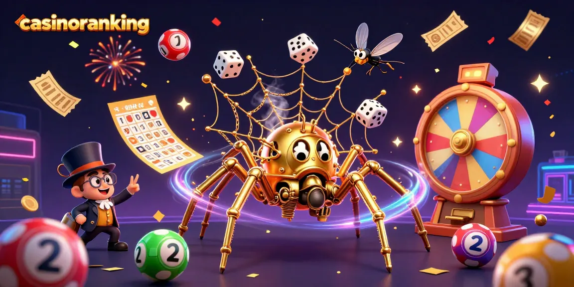 Win big with casinoranking as colorful lottery balls and a golden spider create an exciting casino scene.