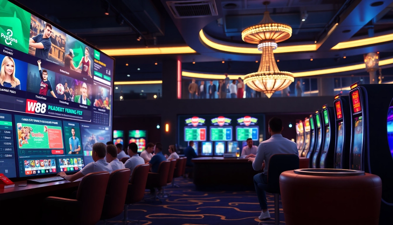 Experience excitement at w88.nyc in a luxurious online casino environment, showcasing digital betting options and enthusiastic players.