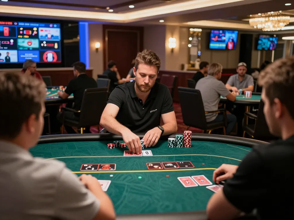 Intense poker gameplay at rikvip online casino showcasing chips and cards in an engaging atmosphere