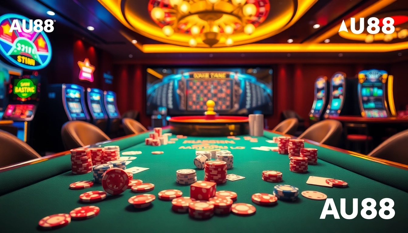 Experience thrilling gameplay at AU88 casino with vibrant poker chips and exciting slot machines.