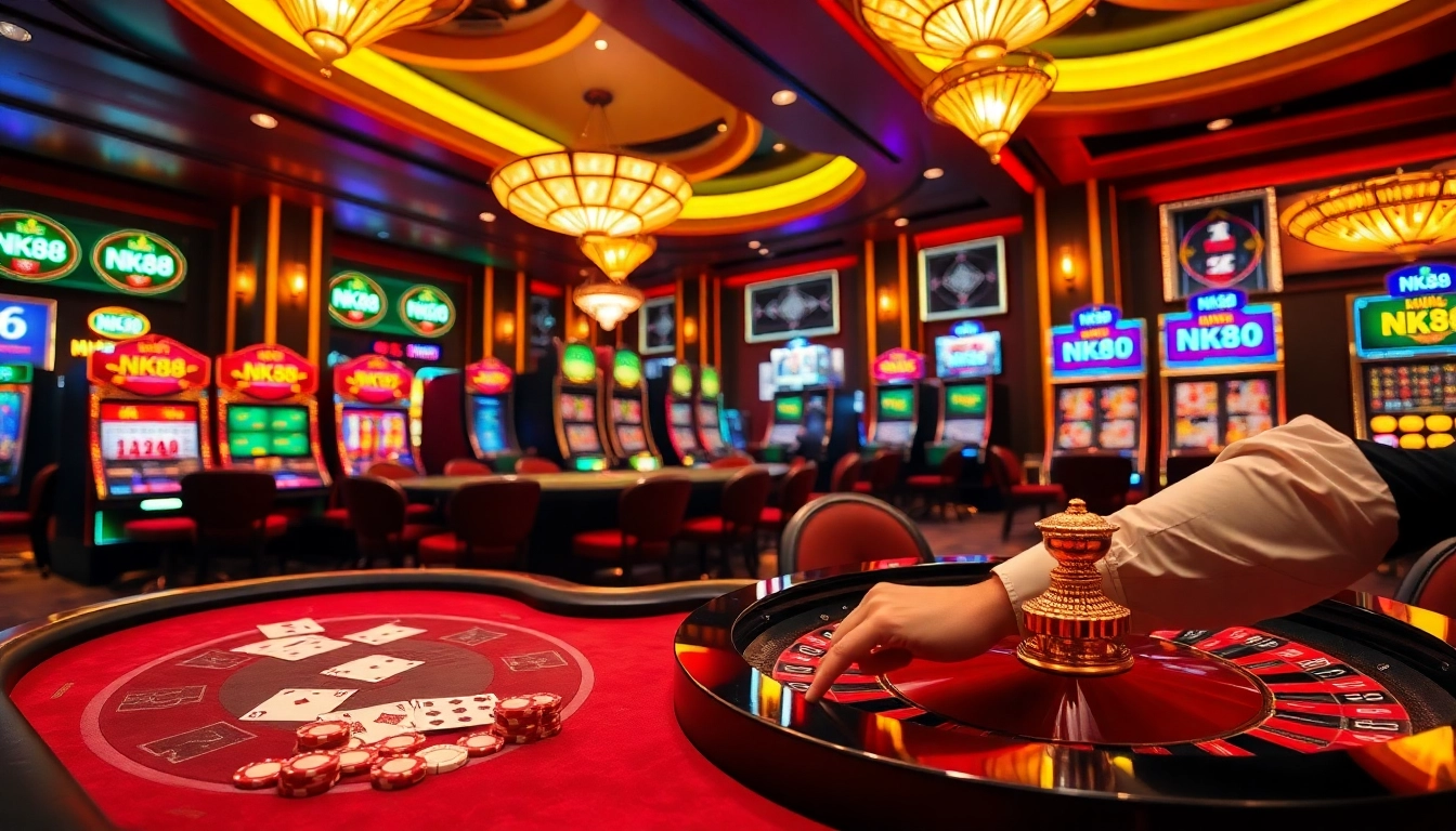 Players enjoying a high-stakes game at NK88 casino, showcasing excitement and luxury.