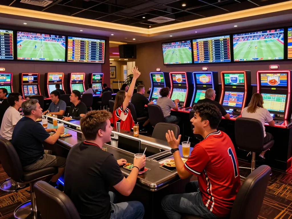 Fans placing bets and enjoying live sports at Bsport's vibrant betting lounge.