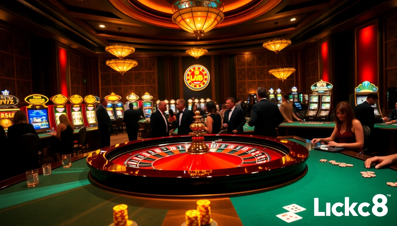 Engaging gamblers at a luxurious Luck8 casino with vibrant roulette and slot machines.