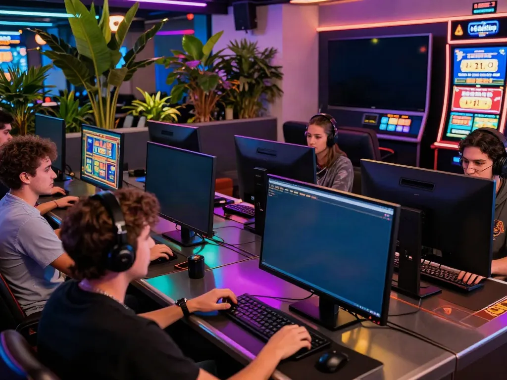 Online casino players engaged in games at casinos not on GamStop, vibrant lounge atmosphere with neon lights.